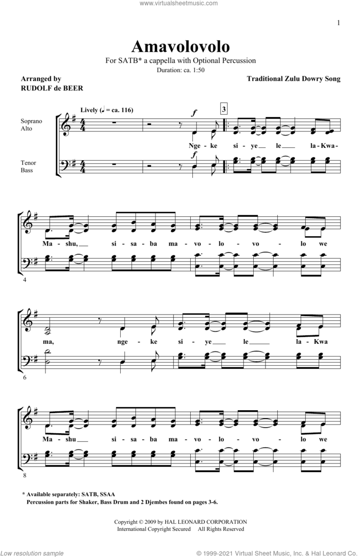 Amavolovolo (arr. Rudolf de Beer) sheet music for choir (SATB: soprano, alto, tenor, bass) by Traditional Zulu Dowry Song, Rudolf de Beer and Henry Leck, intermediate skill level