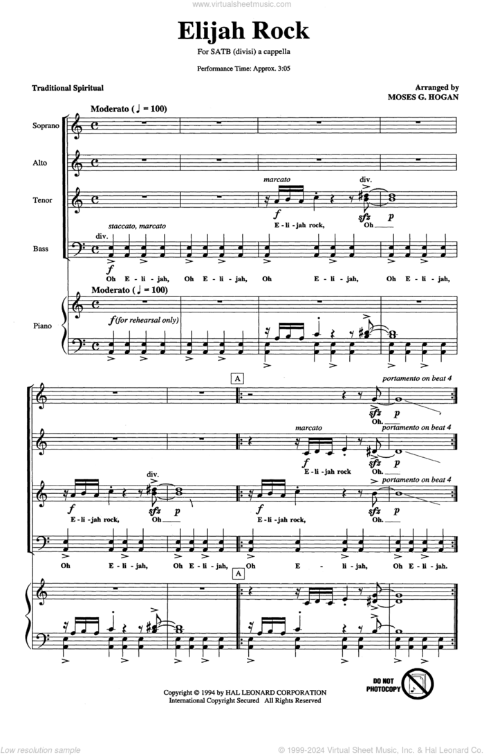 Elijah Rock (arr. Moses Hogan) sheet music for choir (SATB: soprano, alto, tenor, bass)  and Moses Hogan, intermediate skill level