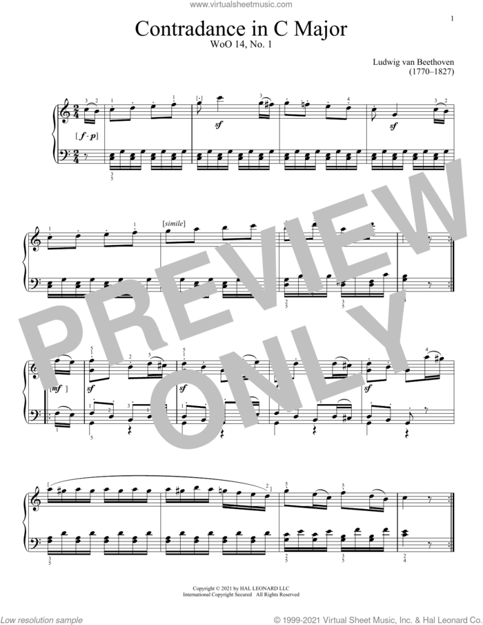 Contredance In C Major, WoO 14, No. 1 sheet music for piano solo by Ludwig van Beethoven, classical score, intermediate skill level