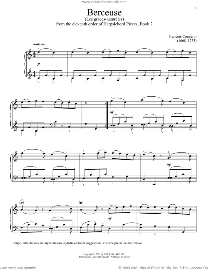 Cradle Song sheet music for piano solo by Francois Couperin, classical score, intermediate skill level