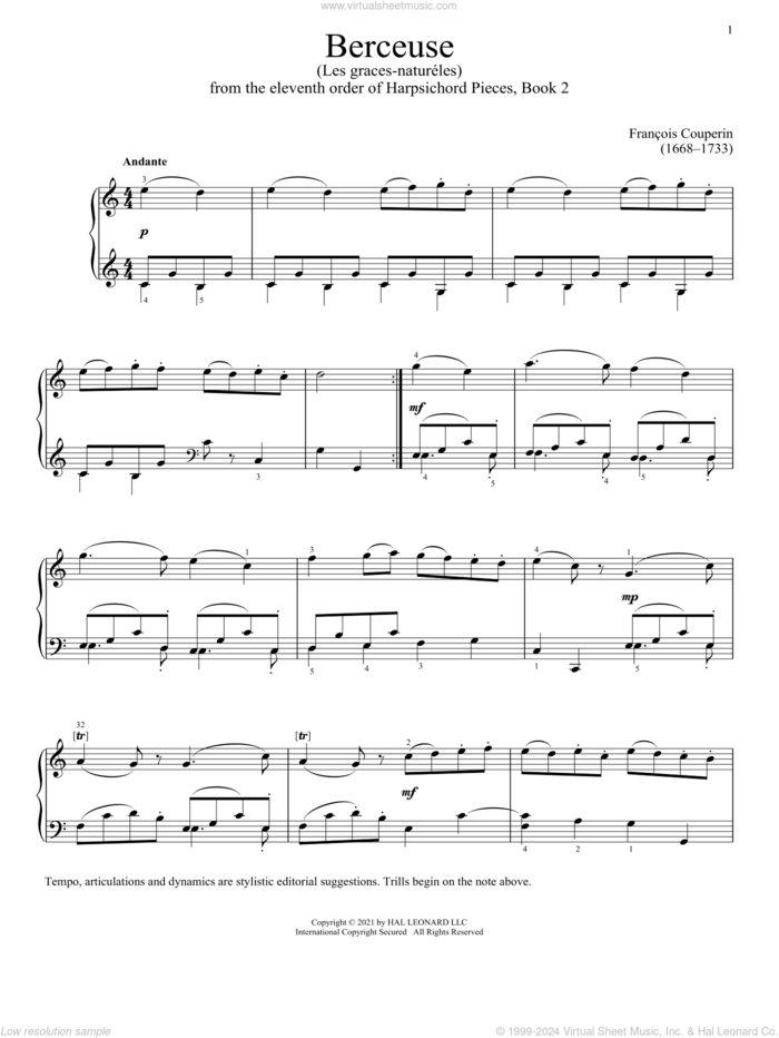 Cradle Song sheet music for piano solo by Francois Couperin, classical score, intermediate skill level