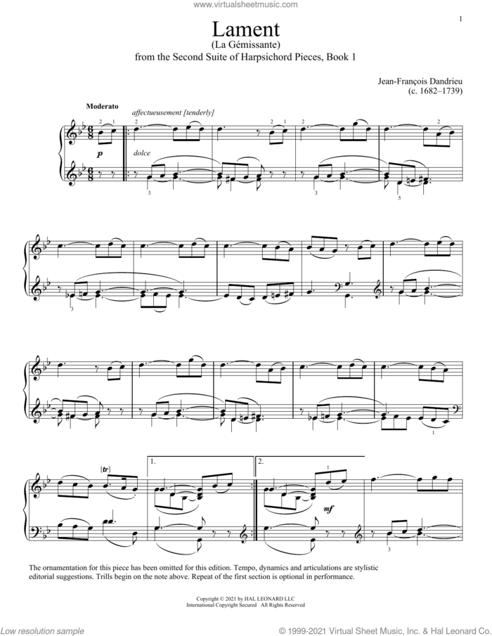 Lament sheet music for piano solo by Jean-Francois Dandrieu, classical score, intermediate skill level