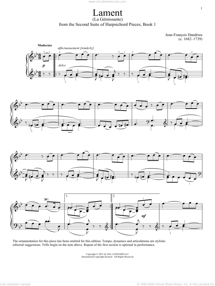 Lament sheet music for piano solo by Jean-Francois Dandrieu, classical score, intermediate skill level