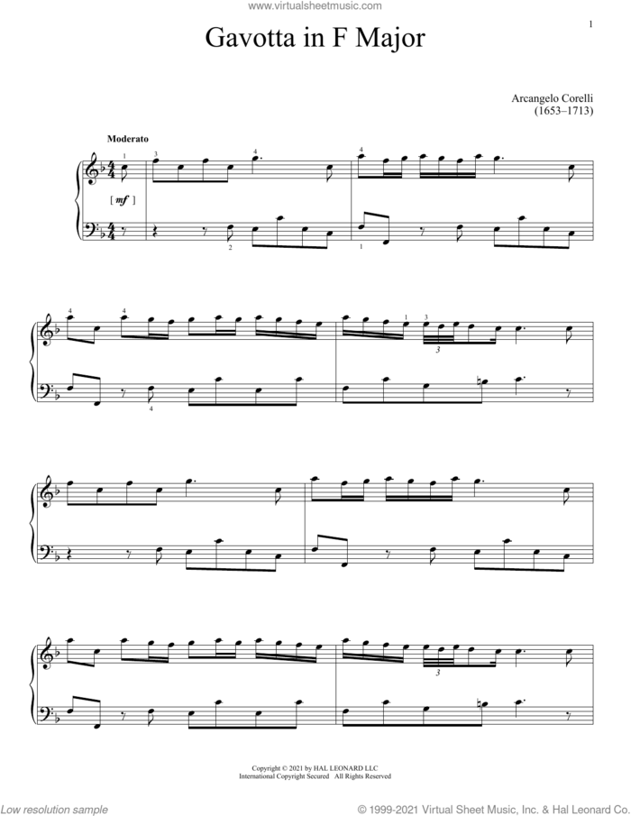 Gavotta In F Major sheet music for piano solo by Arcangelo Corelli, classical score, intermediate skill level