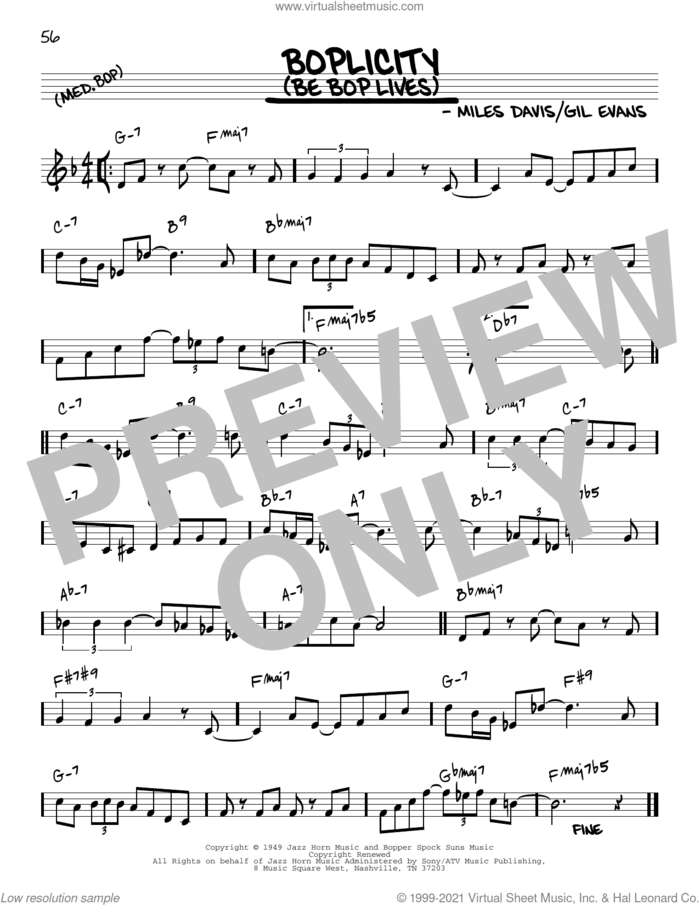 Boplicity (Be Bop Lives) [Reharmonized version] (arr. Jack Grassel) sheet music for voice and other instruments (real book) by Miles Davis, Jack Grassel and Gil Evans, intermediate skill level