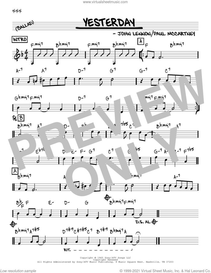 Yesterday [Reharmonized version] (arr. Jack Grassel) sheet music for voice and other instruments (real book) by The Beatles, Jack Grassel, John Lennon and Paul McCartney, intermediate skill level