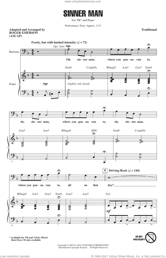 Sinner Man (arr. Roger Emerson) sheet music for choir (TB: tenor, bass)  and Roger Emerson, intermediate skill level