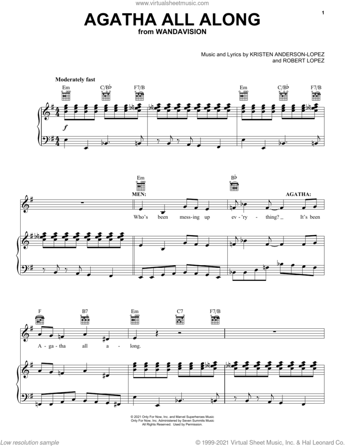 Agatha All Along (from WandaVision) sheet music for voice, piano or guitar by Robert Lopez, Kristen Anderson-Lopez and Kristen Anderson-Lopez & Robert Lopez, intermediate skill level