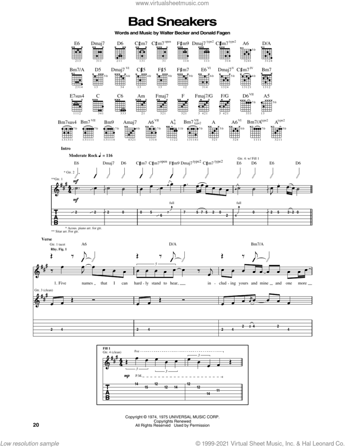 Bad Sneakers sheet music for guitar (tablature) by Steely Dan, Donald Fagen and Walter Becker, intermediate skill level
