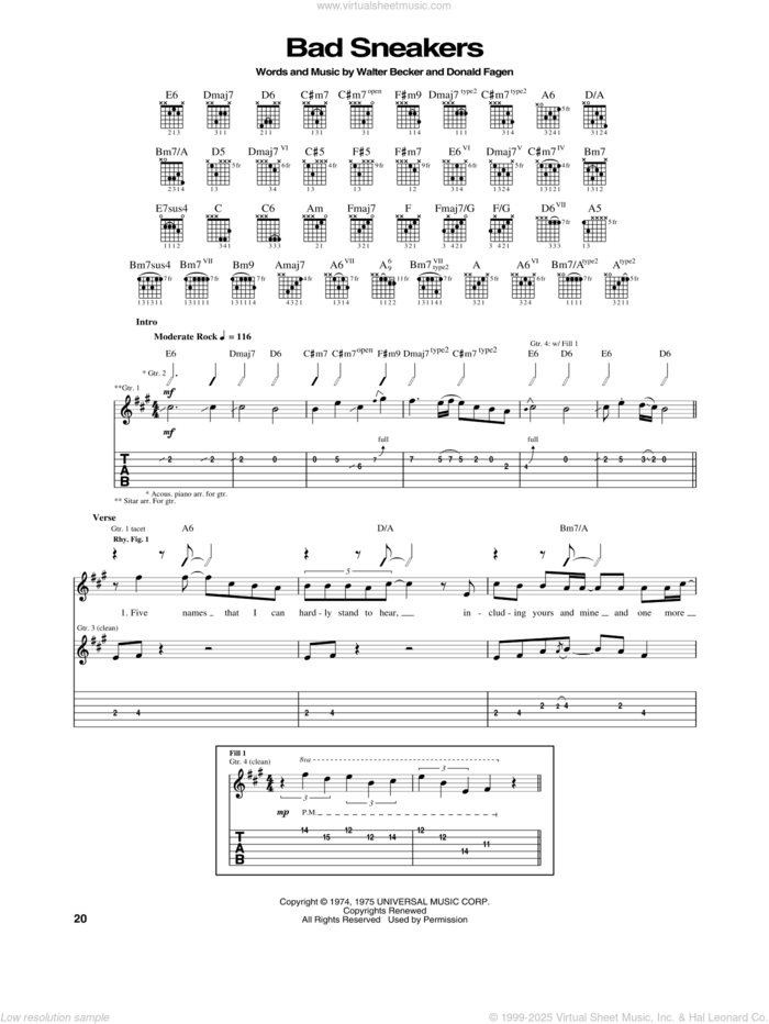 Bad Sneakers sheet music for guitar (tablature) by Steely Dan, Donald Fagen and Walter Becker, intermediate skill level