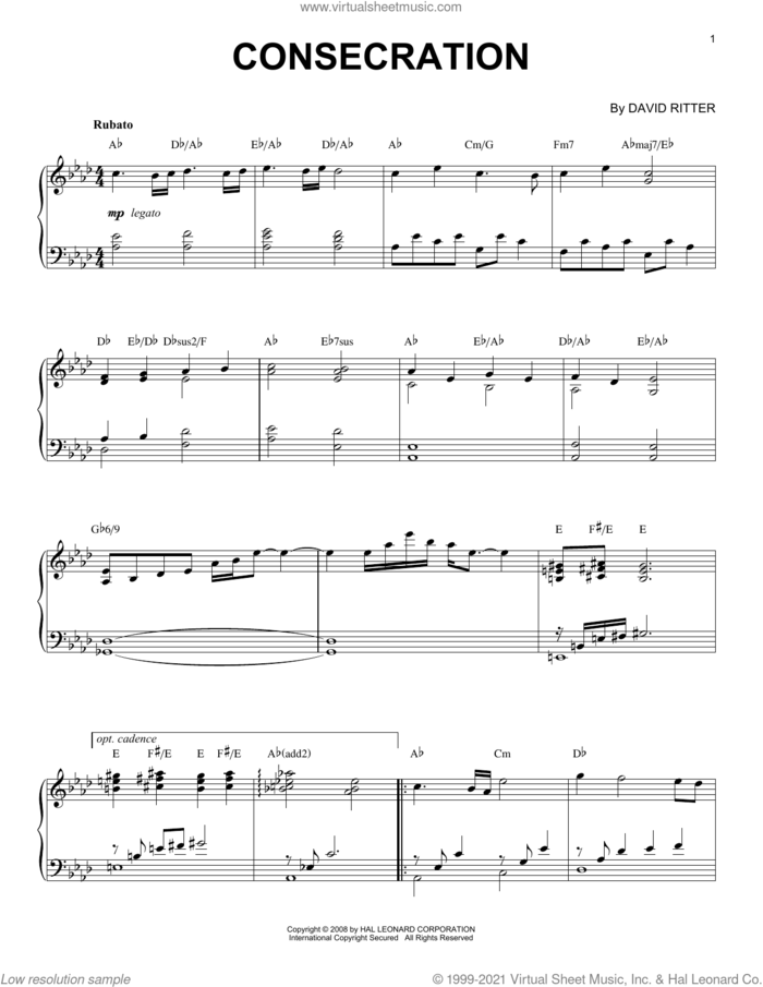 Consecration sheet music for piano solo by David Ritter, intermediate skill level