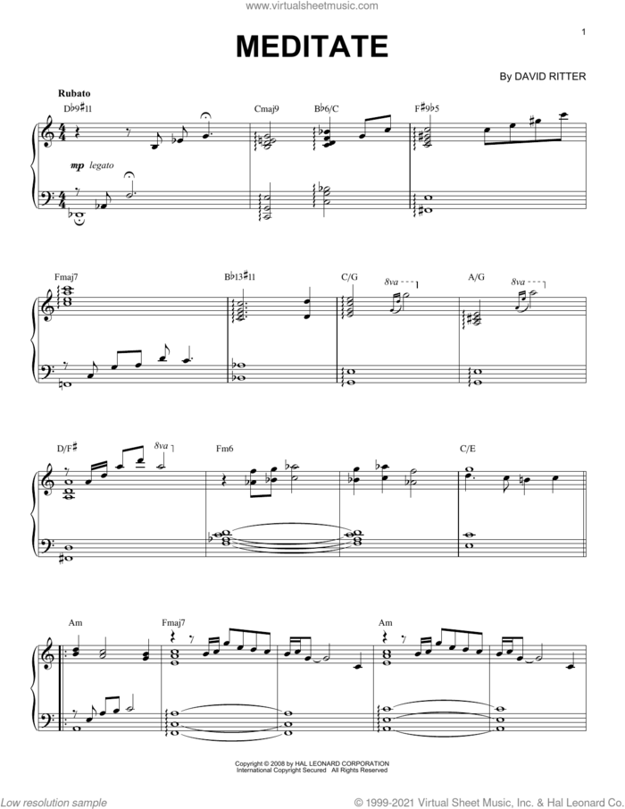 Meditate sheet music for piano solo by David Ritter, intermediate skill level