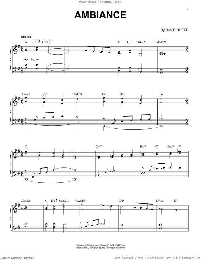 Ambiance sheet music for piano solo by David Ritter, intermediate skill level