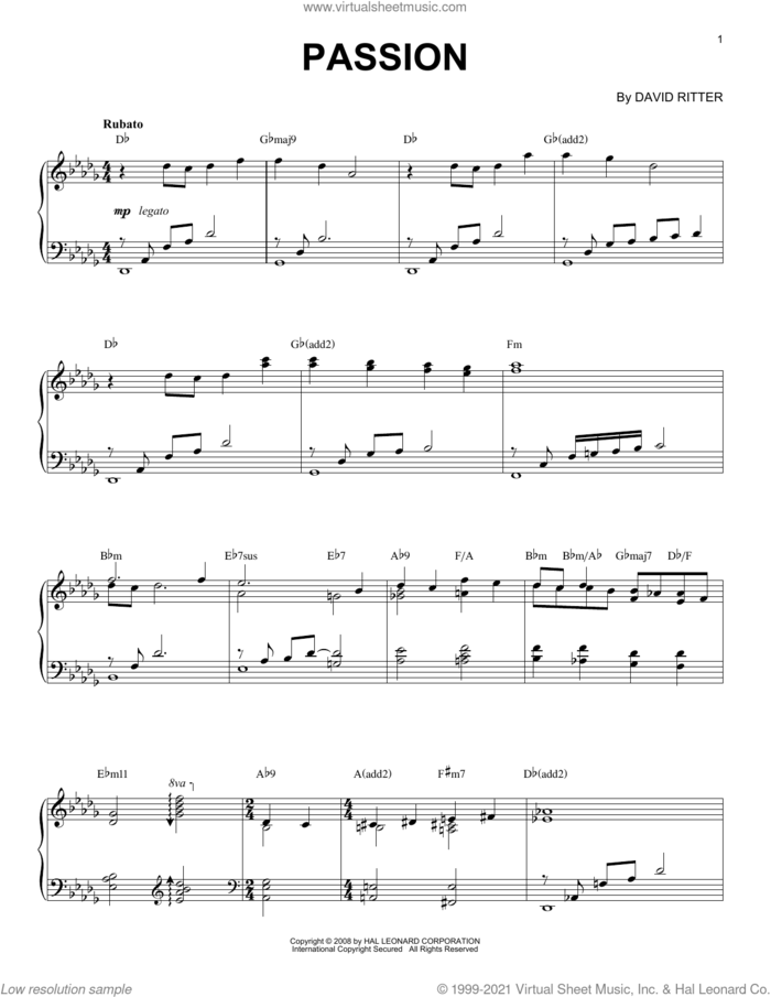 Passion sheet music for piano solo by David Ritter, intermediate skill level