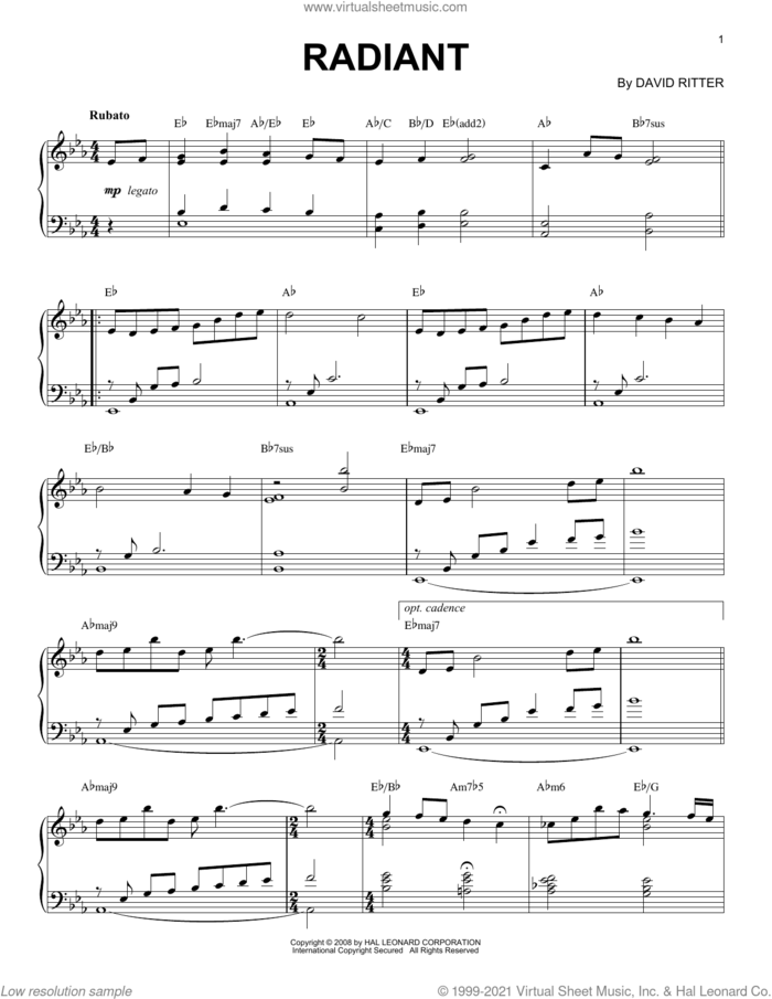 Radiant sheet music for piano solo by David Ritter, intermediate skill level