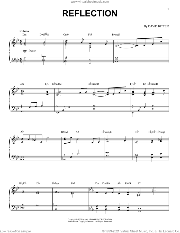 Reflection sheet music for piano solo by David Ritter, intermediate skill level
