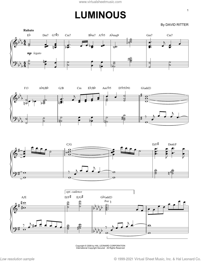 Luminous sheet music for piano solo by David Ritter, intermediate skill level