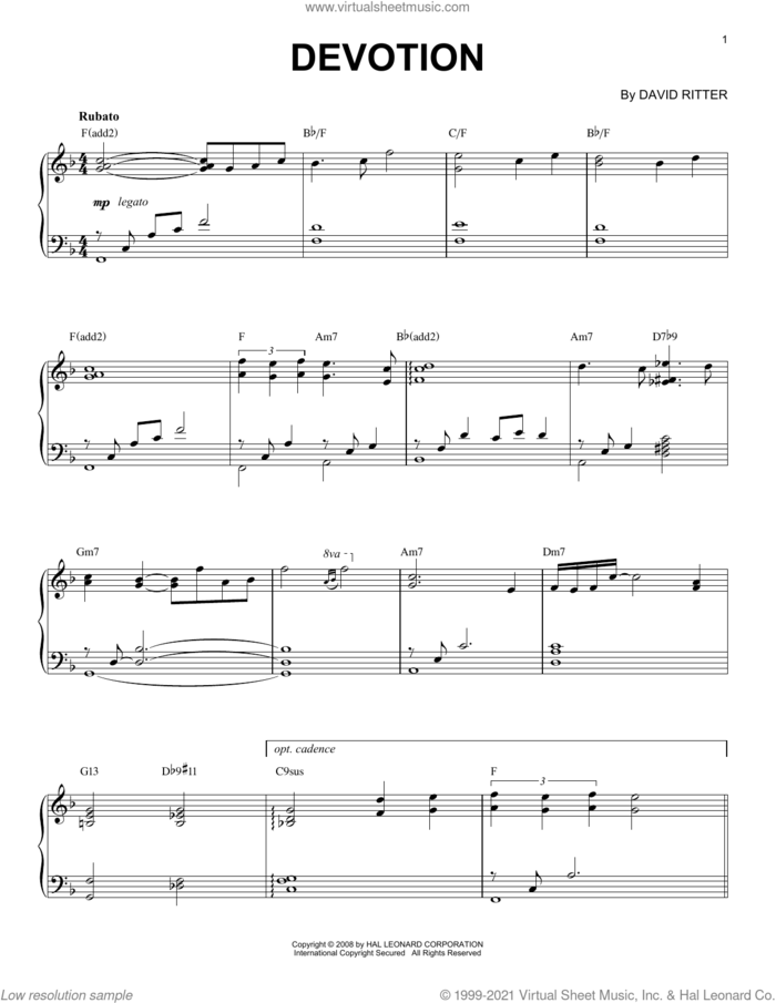 Devotion sheet music for piano solo by David Ritter, intermediate skill level