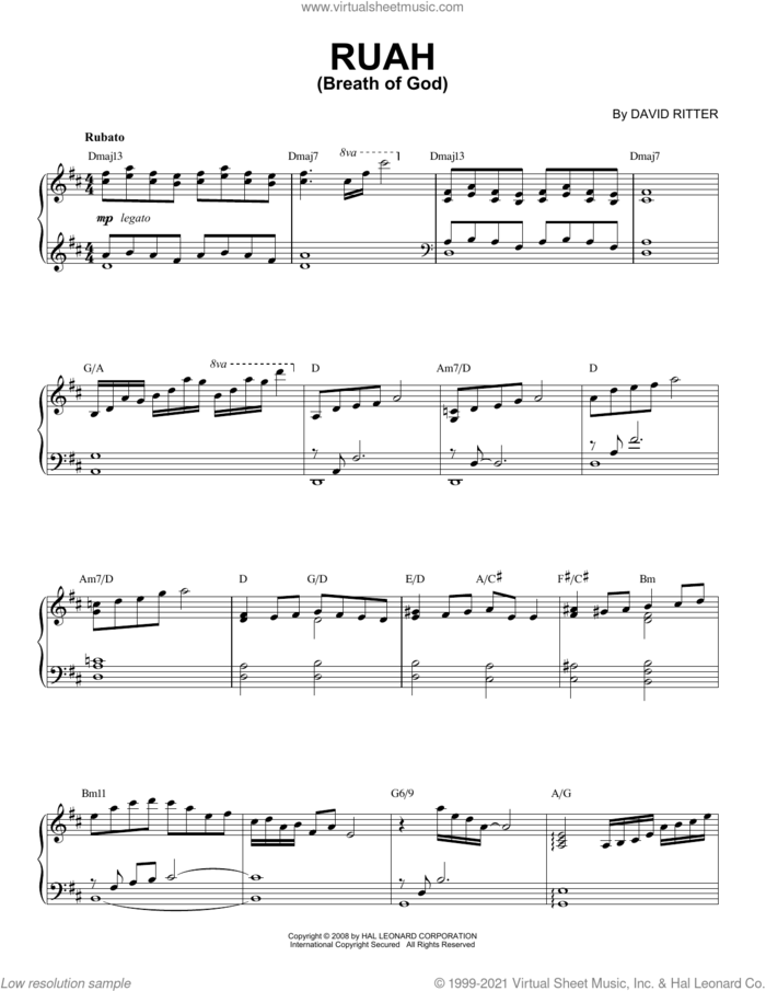 Ruah (Breath Of God) sheet music for piano solo by David Ritter, intermediate skill level