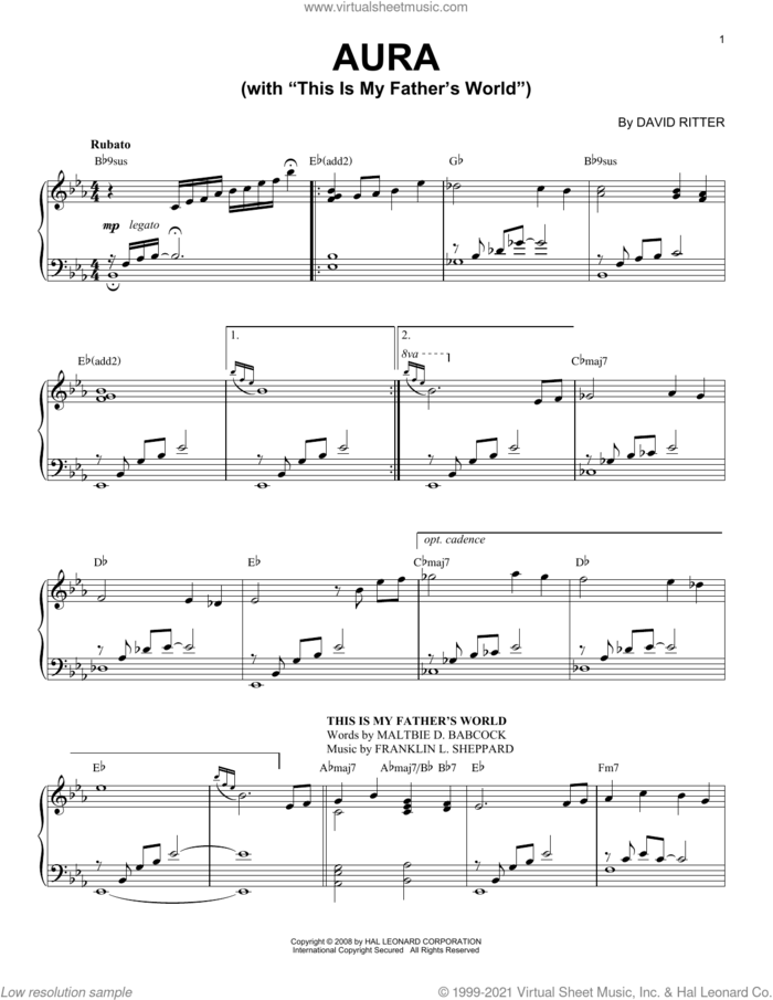 Aura sheet music for piano solo by David Ritter, intermediate skill level