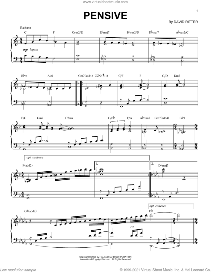 Pensive sheet music for piano solo by David Ritter, intermediate skill level