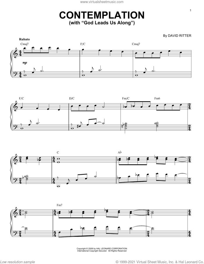 Contemplation sheet music for piano solo by David Ritter, intermediate skill level