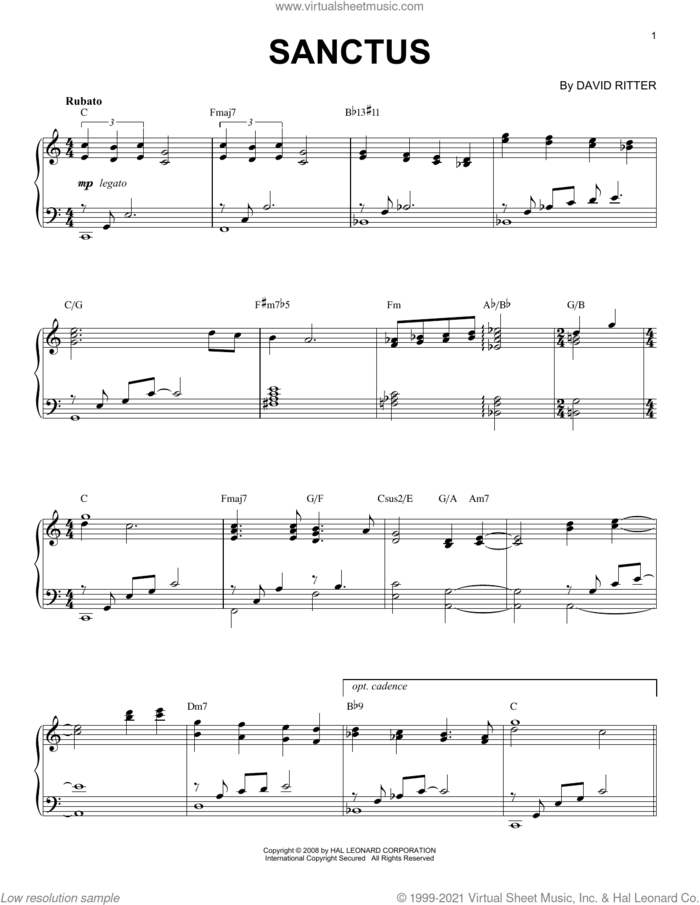 Sanctus sheet music for piano solo by David Ritter, intermediate skill level