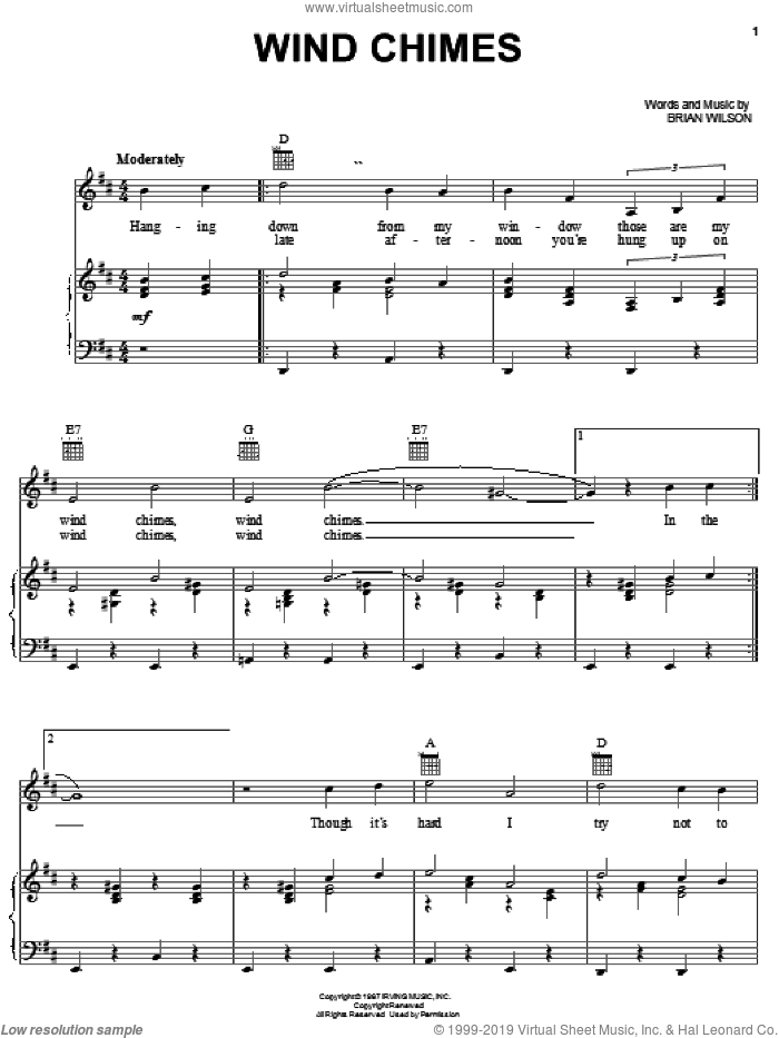 Wind Chimes sheet music for voice, piano or guitar by The Beach Boys and Brian Wilson, intermediate skill level