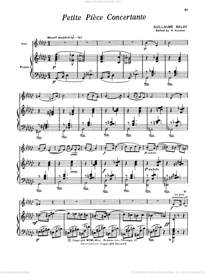 Petite Piece Concertante sheet music for trumpet and piano by Guillaume Balay and H. Voxman, classical score, intermediate skill level