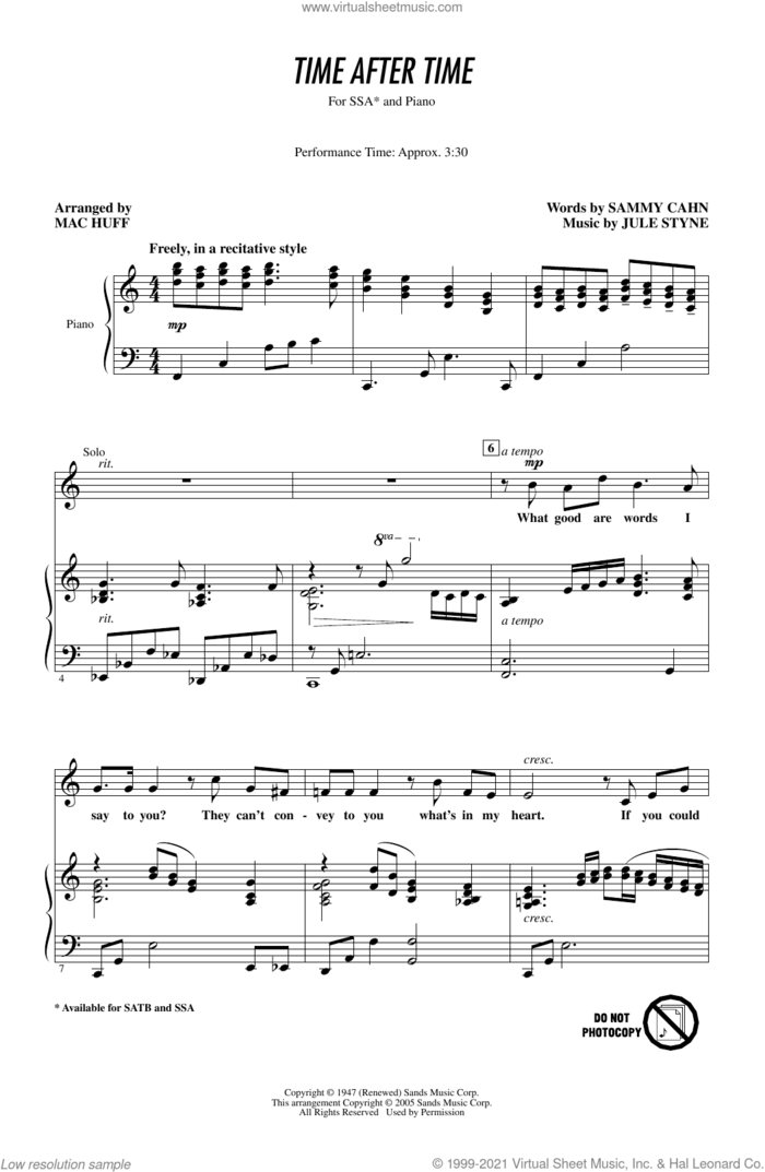 Time After Time (arr. Mac Huff) sheet music for choir (SSA: soprano, alto) by Frank Sinatra, Mac Huff, Jule Styne and Sammy Cahn, intermediate skill level