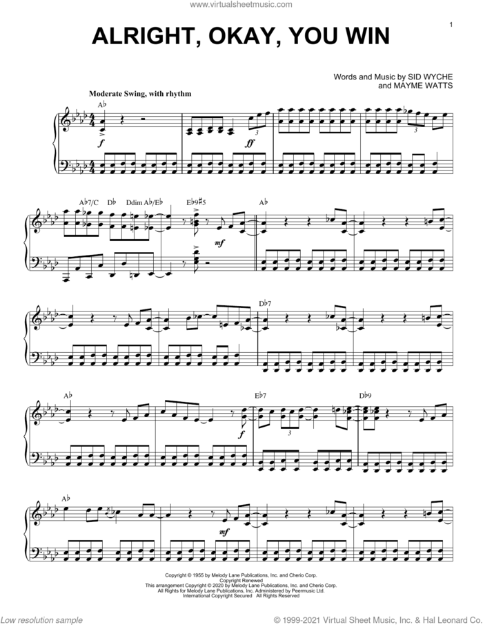 Alright, Okay, You Win [Jazz version] (arr. Brent Edstrom) sheet music for piano solo by Peggy Lee, Brent Edstrom, Mayme Watts and Sid Wyche, intermediate skill level