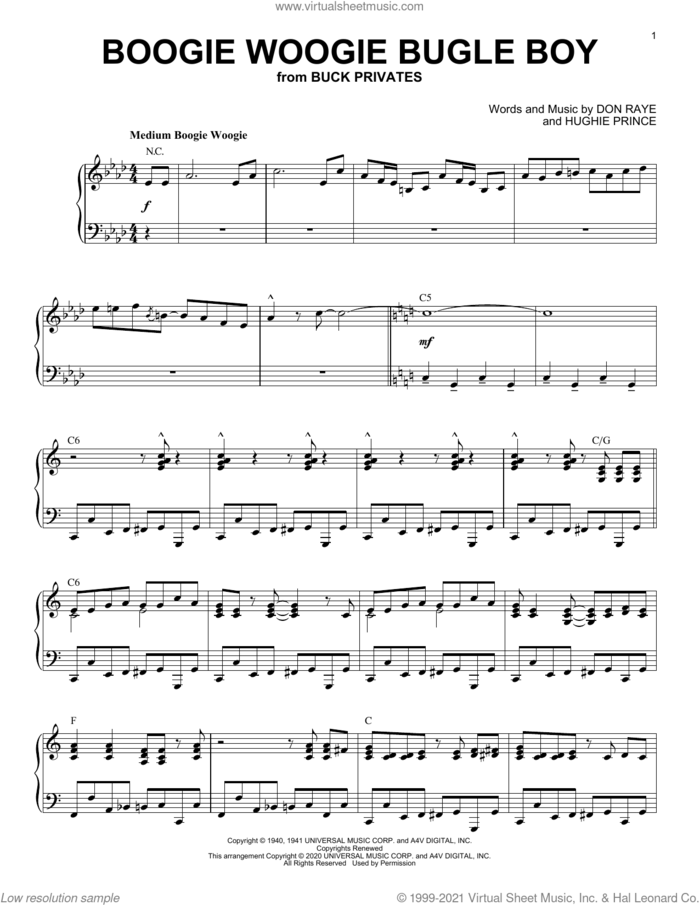 Boogie Woogie Bugle Boy [Jazz version] (arr. Brent Edstrom) sheet music for piano solo by Andrews Sisters, Brent Edstrom, Bette Midler, Don Raye and Hughie Prince, intermediate skill level