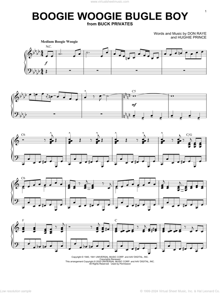 Boogie Woogie Bugle Boy [Jazz version] (arr. Brent Edstrom) sheet music for piano solo by Andrews Sisters, Brent Edstrom, Bette Midler, Don Raye and Hughie Prince, intermediate skill level