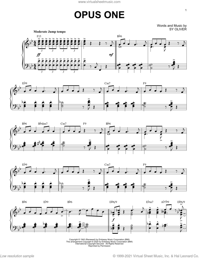 Opus One [Jazz version] (arr. Brent Edstrom) sheet music for piano solo by Sy Oliver and Brent Edstrom, intermediate skill level