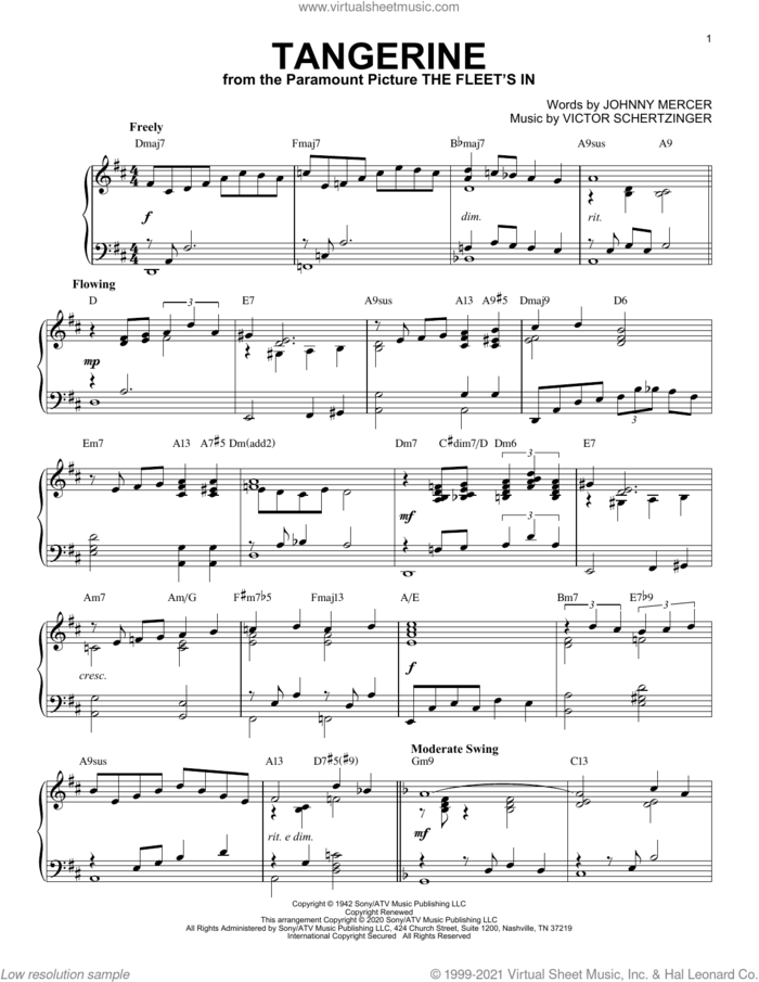 Tangerine [Jazz version] (arr. Brent Edstrom) sheet music for piano solo by Jimmy Dorsey & His Orchestra, Brent Edstrom, Johnny Mercer and Victor Schertzinger, intermediate skill level
