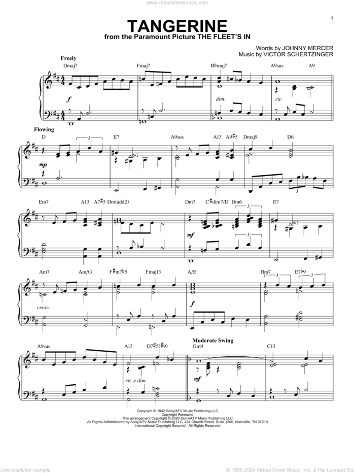 Tangerine [Jazz version] (arr. Brent Edstrom) sheet music for piano solo by Jimmy Dorsey & His Orchestra, Brent Edstrom, Johnny Mercer and Victor Schertzinger, intermediate skill level