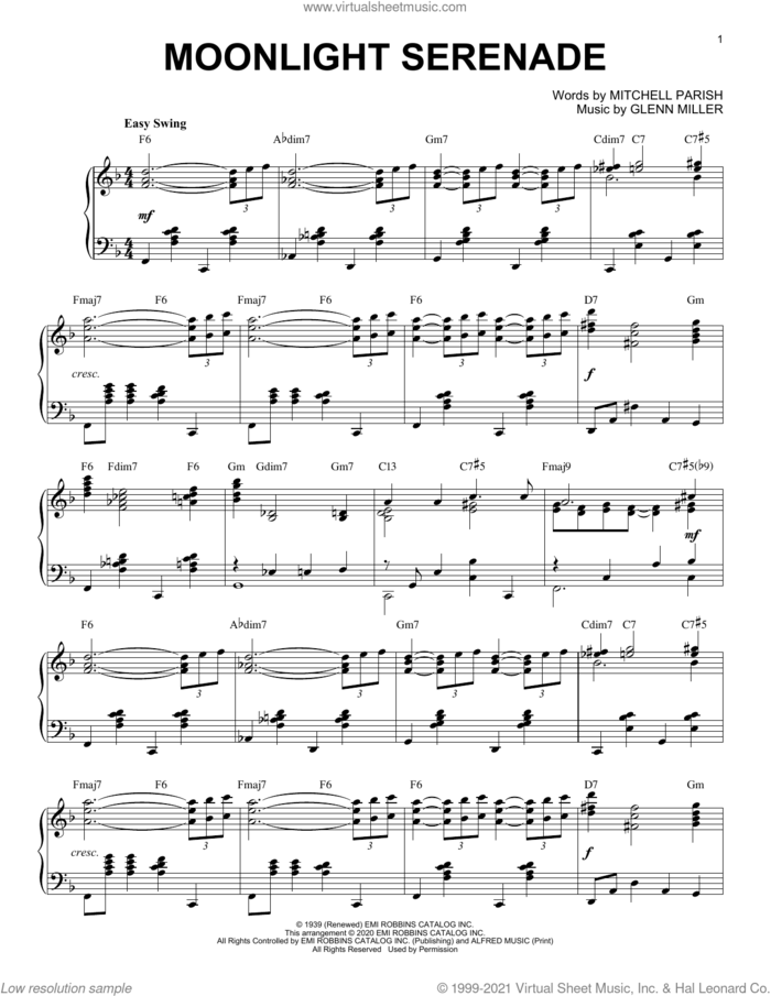 Moonlight Serenade [Jazz version] (arr. Brent Edstrom) sheet music for piano solo by Mitchell Parish, Brent Edstrom and Glenn Miller, intermediate skill level