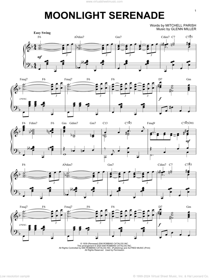 Moonlight Serenade [Jazz version] (arr. Brent Edstrom) sheet music for piano solo by Mitchell Parish, Brent Edstrom and Glenn Miller, intermediate skill level