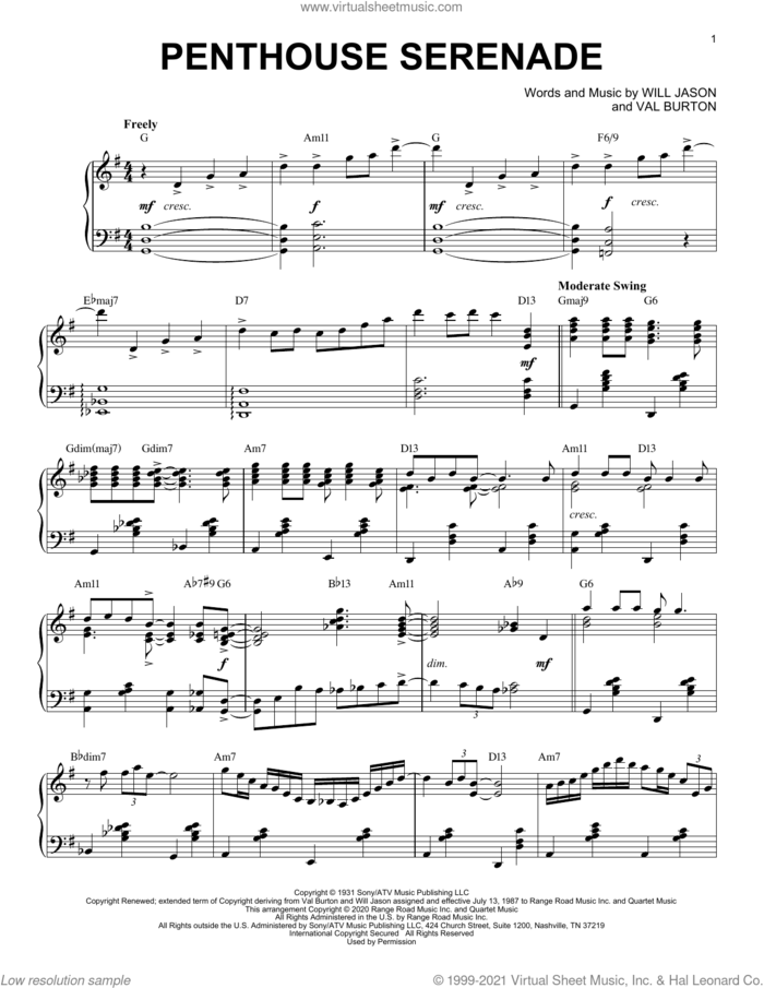Penthouse Serenade [Jazz version] (arr. Brent Edstrom) sheet music for piano solo by Will Jason, Brent Edstrom and Val Burton, intermediate skill level