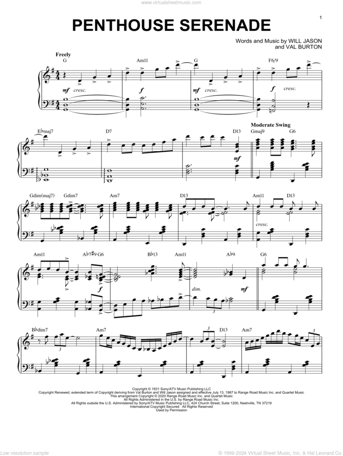 Penthouse Serenade [Jazz version] (arr. Brent Edstrom) sheet music for piano solo by Will Jason, Brent Edstrom and Val Burton, intermediate skill level