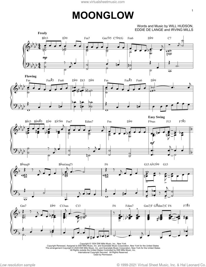 Moonglow [Jazz version] (arr. Brent Edstrom) sheet music for piano solo by Irving Mills, Brent Edstrom, George Cates, Morris Stoloff, Eddie DeLange and Will Hudson, intermediate skill level