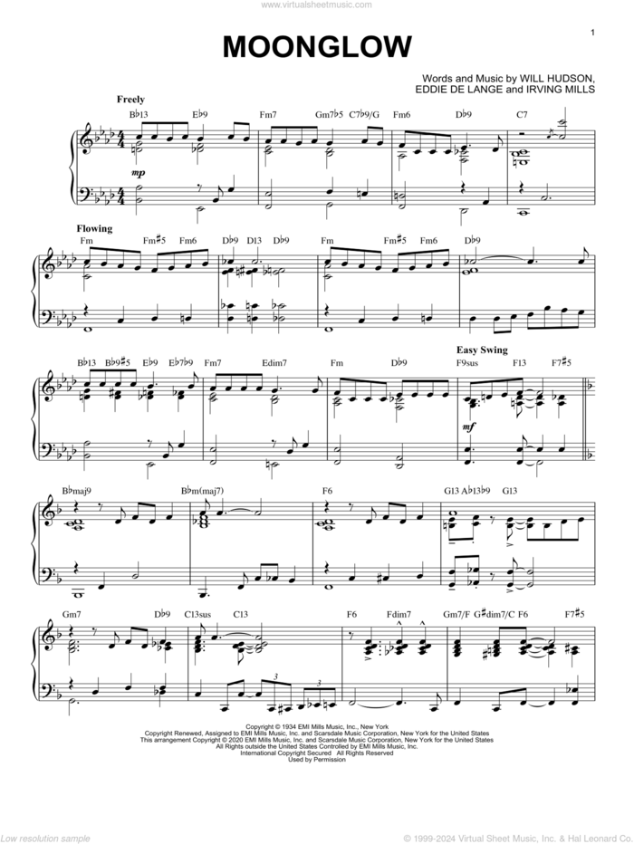 Moonglow [Jazz version] (arr. Brent Edstrom) sheet music for piano solo by Irving Mills, Brent Edstrom, George Cates, Morris Stoloff, Eddie DeLange and Will Hudson, intermediate skill level