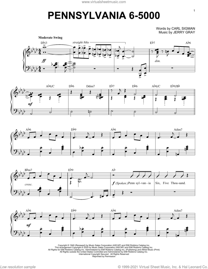 Pennsylvania 6-5000 [Jazz version] (arr. Brent Edstrom) sheet music for piano solo by Carl Sigman, Brent Edstrom and Jerry Gray, intermediate skill level