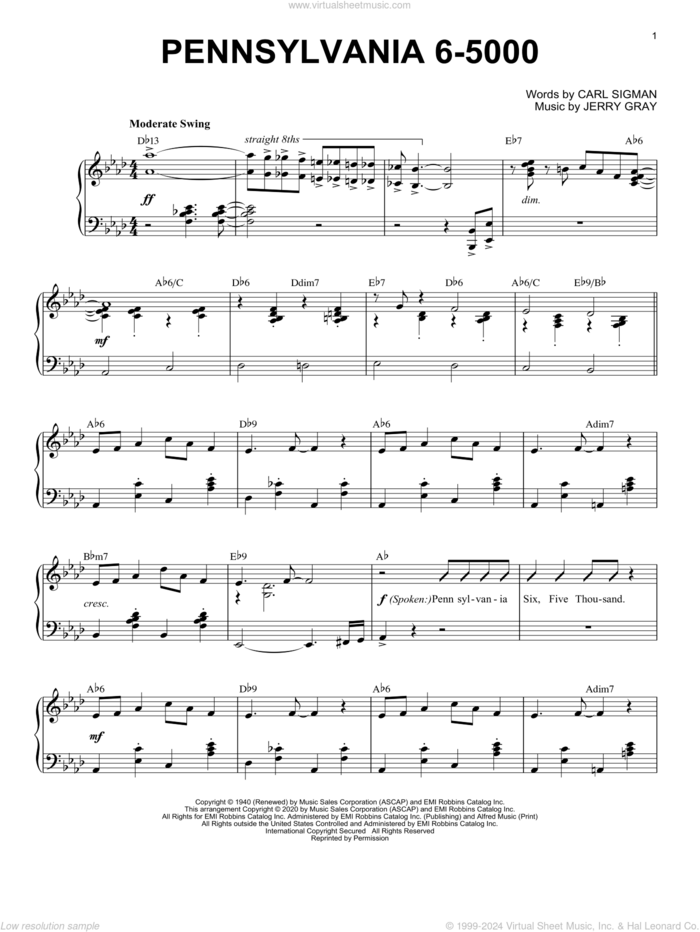 Pennsylvania 6-5000 [Jazz version] (arr. Brent Edstrom) sheet music for piano solo by Carl Sigman, Brent Edstrom and Jerry Gray, intermediate skill level