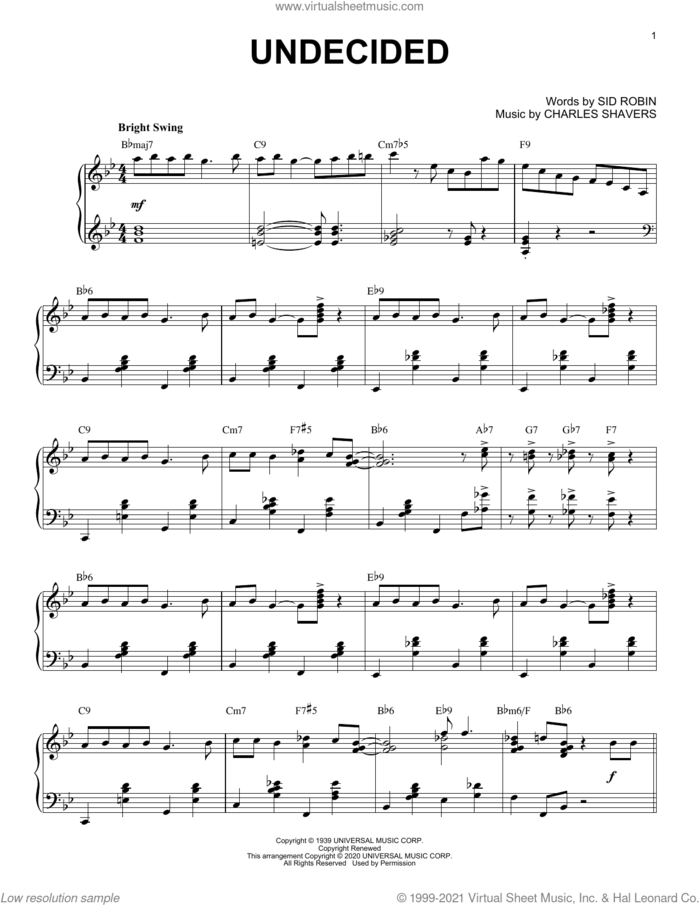 Undecided [Jazz version] (arr. Brent Edstrom) sheet music for piano solo by Chick Webb and His Orchestra, Brent Edstrom, Charles Shavers and Sid Robin, intermediate skill level
