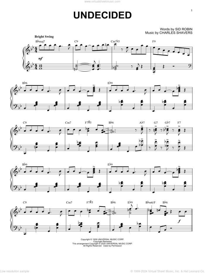 Undecided [Jazz version] (arr. Brent Edstrom) sheet music for piano solo by Chick Webb and His Orchestra, Brent Edstrom, Charles Shavers and Sid Robin, intermediate skill level