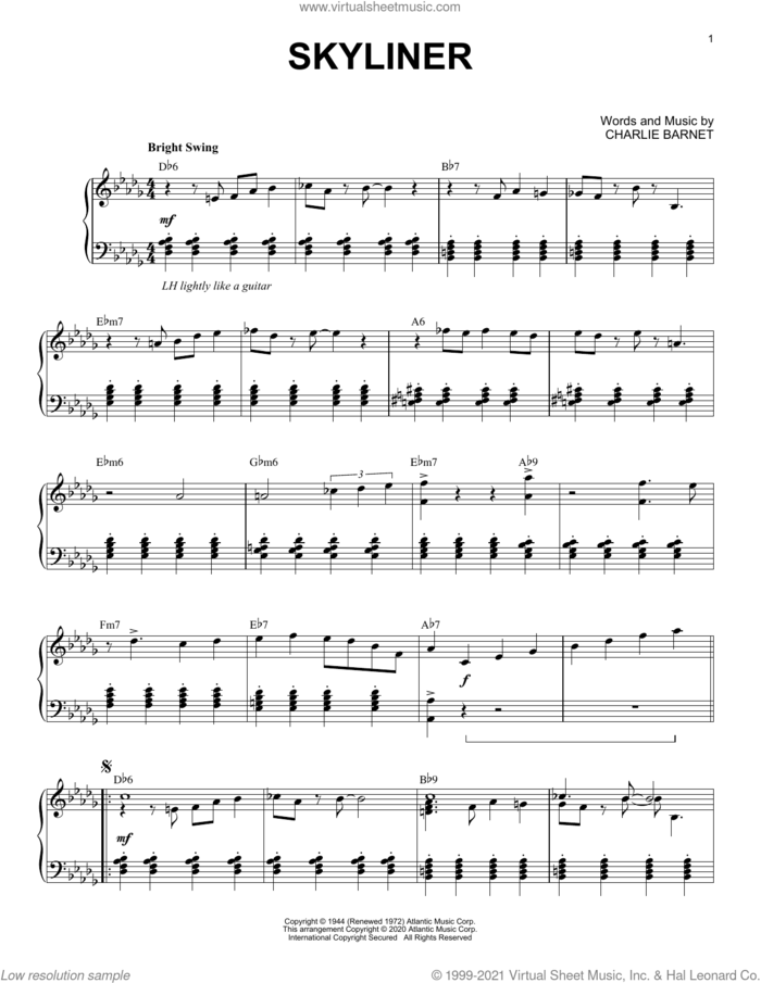 Skyliner [Jazz version] (arr. Brent Edstrom) sheet music for piano solo by Charlie Barnet and Brent Edstrom, intermediate skill level