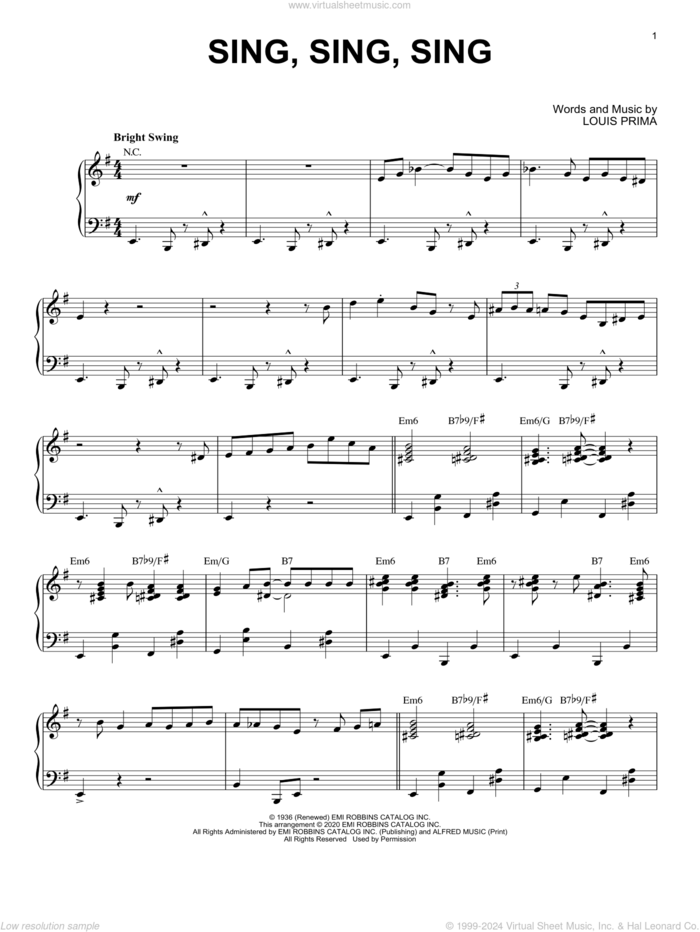 Sing, Sing, Sing [Jazz version] (arr. Brent Edstrom) sheet music for piano solo by Benny Goodman, Brent Edstrom and Louis Prima, intermediate skill level