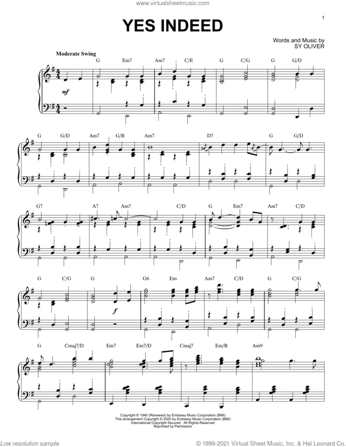 Yes Indeed [Jazz version] (arr. Brent Edstrom) sheet music for piano solo by Sy Oliver and Brent Edstrom, intermediate skill level