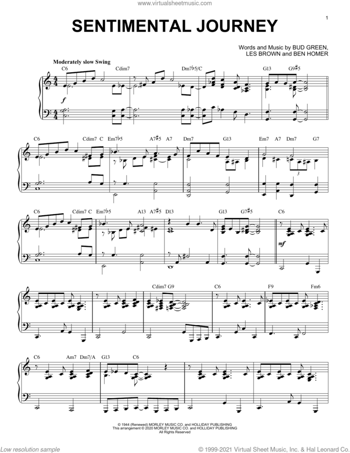 Sentimental Journey [Jazz version] (arr. Brent Edstrom) sheet music for piano solo by Bud Green, Brent Edstrom, Ben Homer and Les Brown, intermediate skill level